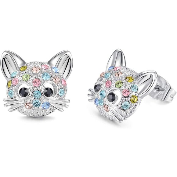 Cubic Zirconia Hypoallergenic Cute Cat Stud Earrings for Women Teens Girls - Picture 1 of 6